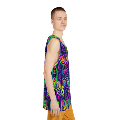 Angled view of the 'Tripnotist Flip' men's tank top showing the print and fit.