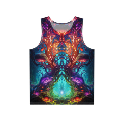 Close-up detail of the 'Moonlight Fruit' psychedelic print on this men's tank top.