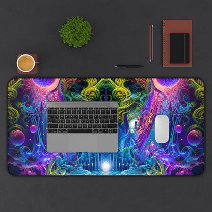The Sacred Vine desk mat laid flat on a wood desk surface