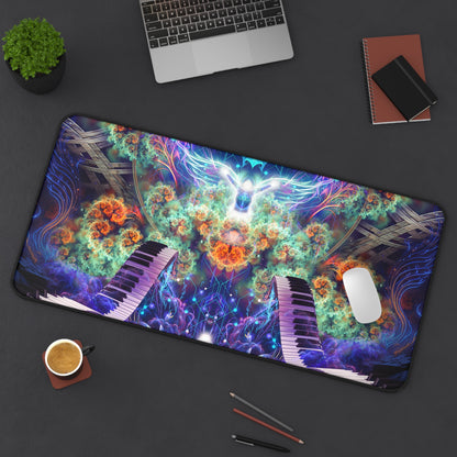 Magnus Opum desk mat laid on a desk with a keyboard and mouse for scale