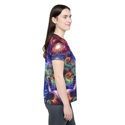 Women's sport tee in the Magnus Opum design, worn by a model, back view.