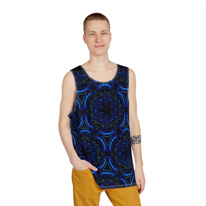 Close-up of the Liquid Night artwork detail on a men's tank top.