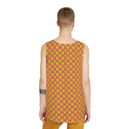 Corner detail of the yellow and pink smiley print on a men's tank top.