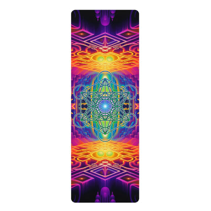 Focused Thought yoga mat laid flat showing the full psychedelic third-eye print from above