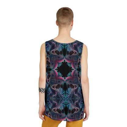 Corner detail of the Tunnel Vision mushroom mandala print on a men's tank top.