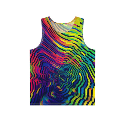 Front view of the Digiprint men's tank top showing the full digital psychedelic print.