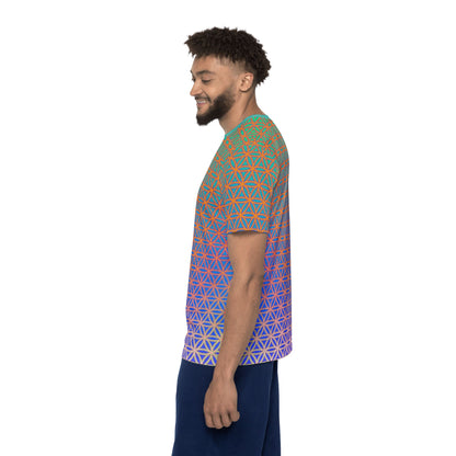 Men's sport tee in the Flower de Life sacred geometry all-over print design, detail of the all-over print.