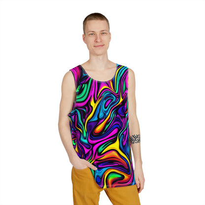 Close-up of the 'Blend In or Don't' print detail on a men's tank top, showing color and texture.