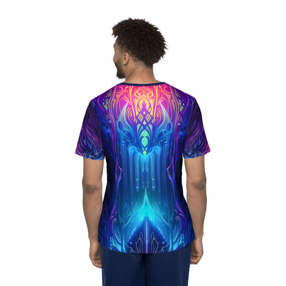 Corner detail of the Midnight Spell men's sport tee showing the print and seam.