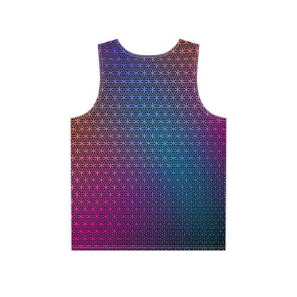 Close-up of the Rainbow Flower of Life print detail on the men's tank top fabric.
