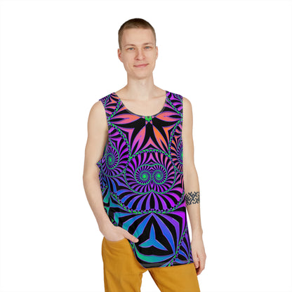 Corner detail of The Illusionist print on a men's tank top.