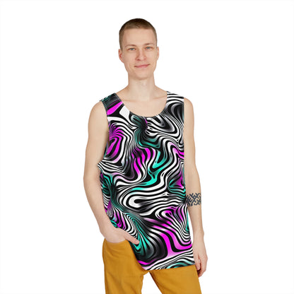 Close-up of the 'Can't Catch This' print detail on a men's tank top, showing color and texture.