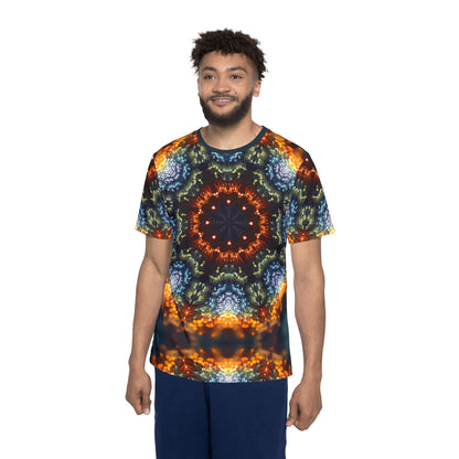 Corner detail of the "Fractal Flower Mandala" all-over print on the men's sport tee.