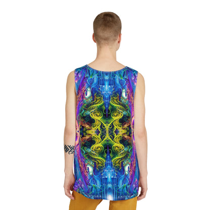 Corner detail of a men's tank top with the 'The Sacred Vine Flip 2' artwork.