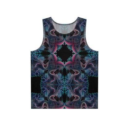 Flat lay of a men's tank top printed with the Tunnel Vision mushroom tree mandala design.