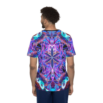 The "Flower of Life Mandala" men's sport tee photographed from above on a flat surface.