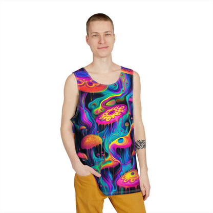 Close-up of the Shpongleoid print detail on the men's tank top fabric.