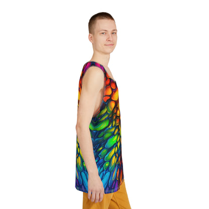 Corner detail shot of the Scaled P2 print along the men's tank top hem.