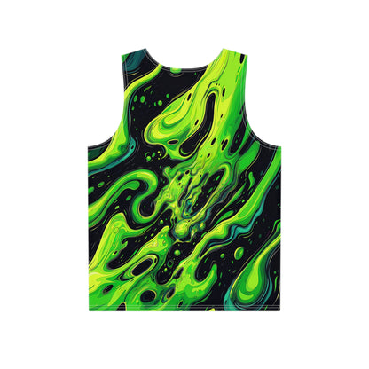 Close-up of the Slimer print on the men's tank top fabric.