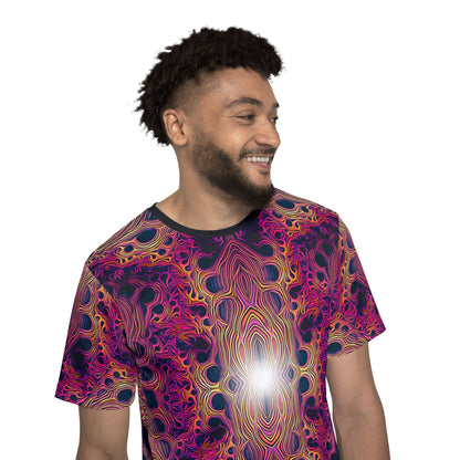 Close-up of the sleeve area on the "Fractaleon" men's sport tee print.