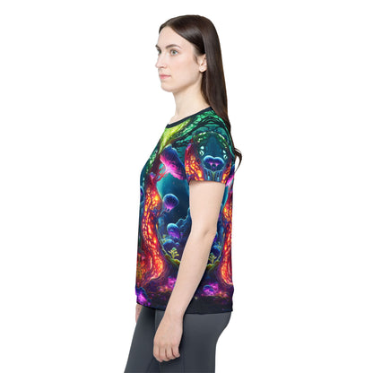 Flat lay of the women's sport tee showing the Fungal Abyss print.
