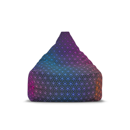 Close-up of the Rainbow Flower of Life print detail on the bean bag chair cover fabric.