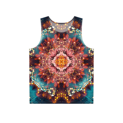 Flat lay of the Reaching for Light print men's tank top showing the full design.