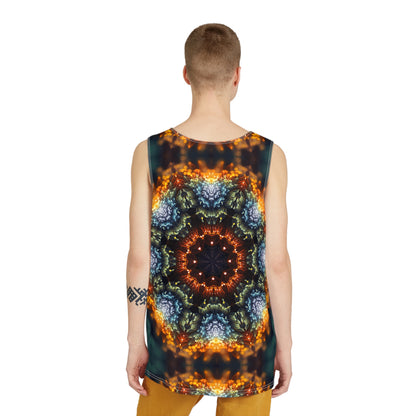 Overhead view of the Fractal Flower Mandala men's tank top laid flat.