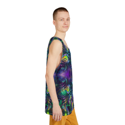 Side view of the 'Awakened' men's tank top laid flat, showing the seam and armhole trim.