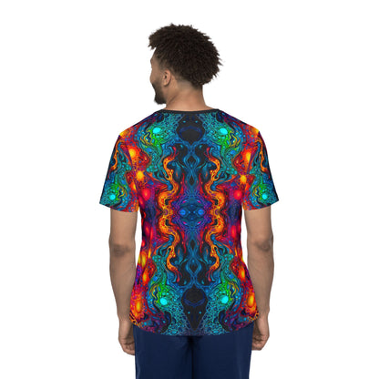 Corner detail of the Molten Flow men's sport tee showing the print and seam.