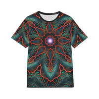 Flat lay of the Multiverse sport tee showing the full all-over print.