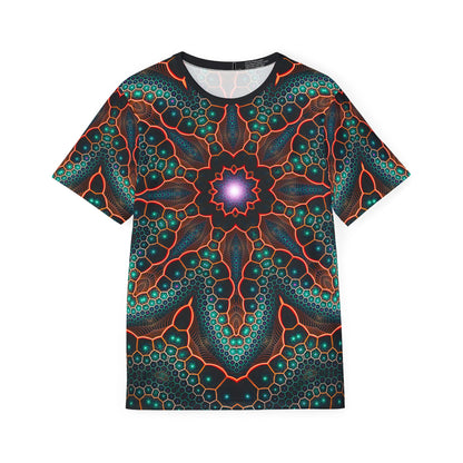 Flat lay of the Multiverse sport tee showing the full all-over print.