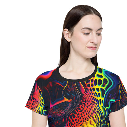 Women's sport tee in the Ferro Field psychedelic all-over print design, laid flat.