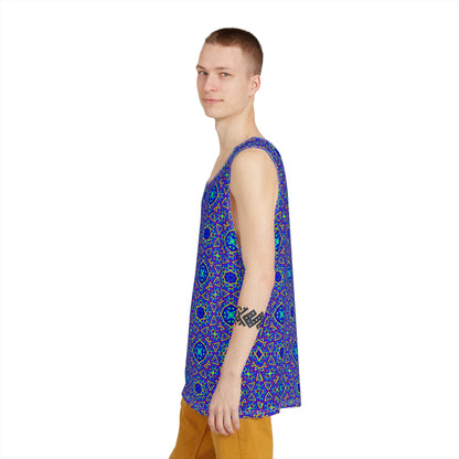 Product photo of the Aztecia Pattern men's tank top from above.