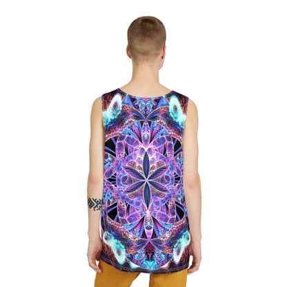 Back view of the Flower of Life Mandala men's tank top showing the all-over print continuing across the fabric.