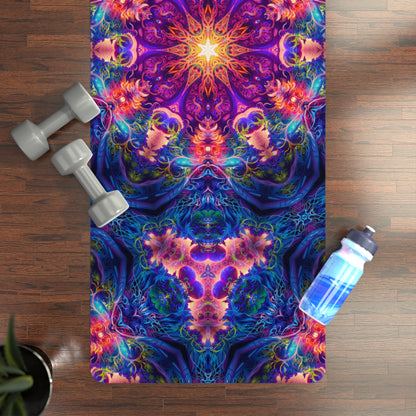 The Sacred Circle yoga mat with an edge-to-edge mandala print, suede top facing up.