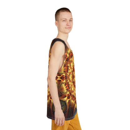 Angled view of the 'Totem Sun' men's tank top showing the print and fit.