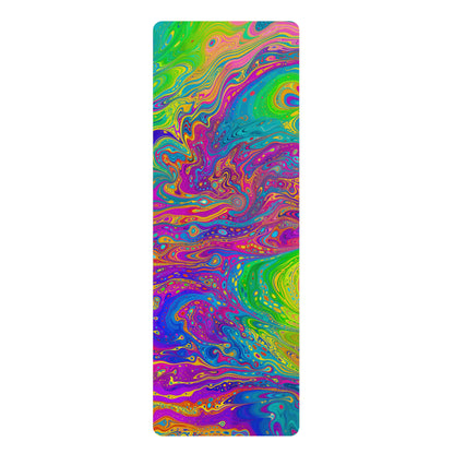 UV Bleed yoga mat laid flat showing the full rainbow swirl print from end to end.