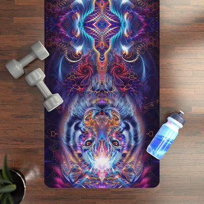 Empurrress yoga mat with an edge-to-edge mirrored tiger mandala print, suede top facing up.