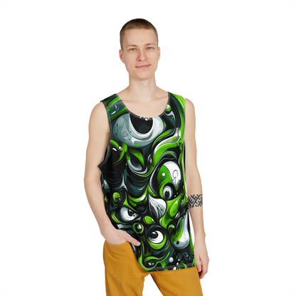 Back view of the Only 50% Schizophrenic men's tank top showing the all-over design.