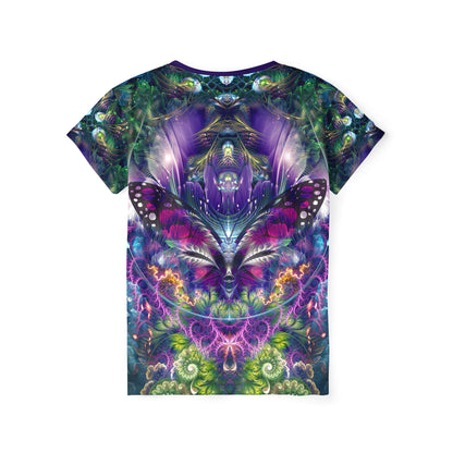 Women's sport tee in the Emergence psychedelic all-over print design, close-up of the print.