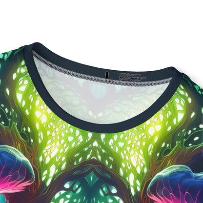 Side view of the Fungal Abyss print on the men's sport tee.