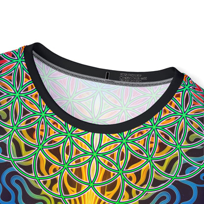 Close-up of the Maze of Life sport tee print showing color and pattern detail.