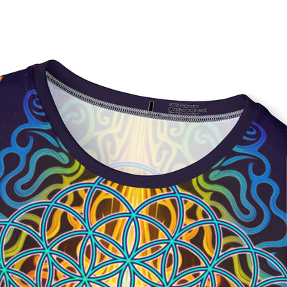 Close-up of the Maze of Life Flip print on the men's sport tee fabric.