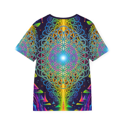 Angled view of the Maze of Life Flip men's sport tee highlighting the print pattern.