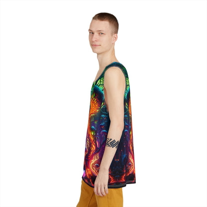 Full view of the 'Mush Dark So Color' psychedelic print across this men's tank top.