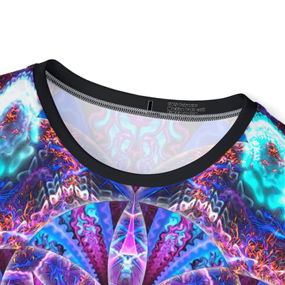 Angled view of the men's sport tee highlighting the "Flower of Life Mandala" design colors.