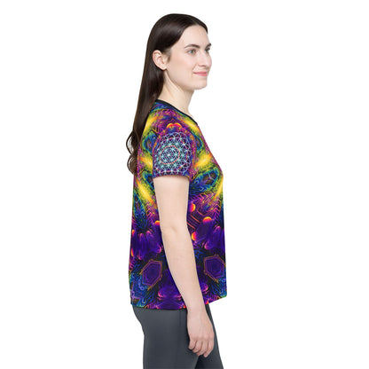 Women's sport tee in the DMandalaT psychedelic mandala all-over print design, detail of the all-over print.
