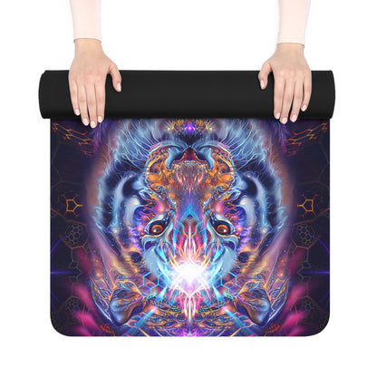Empurrress yoga mat with an edge-to-edge mirrored tiger mandala print, suede top facing up.