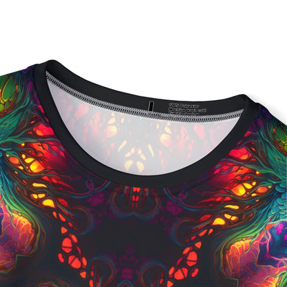 The Seed of Knowledge Mandala sport tee photographed at an angle showing the fit.